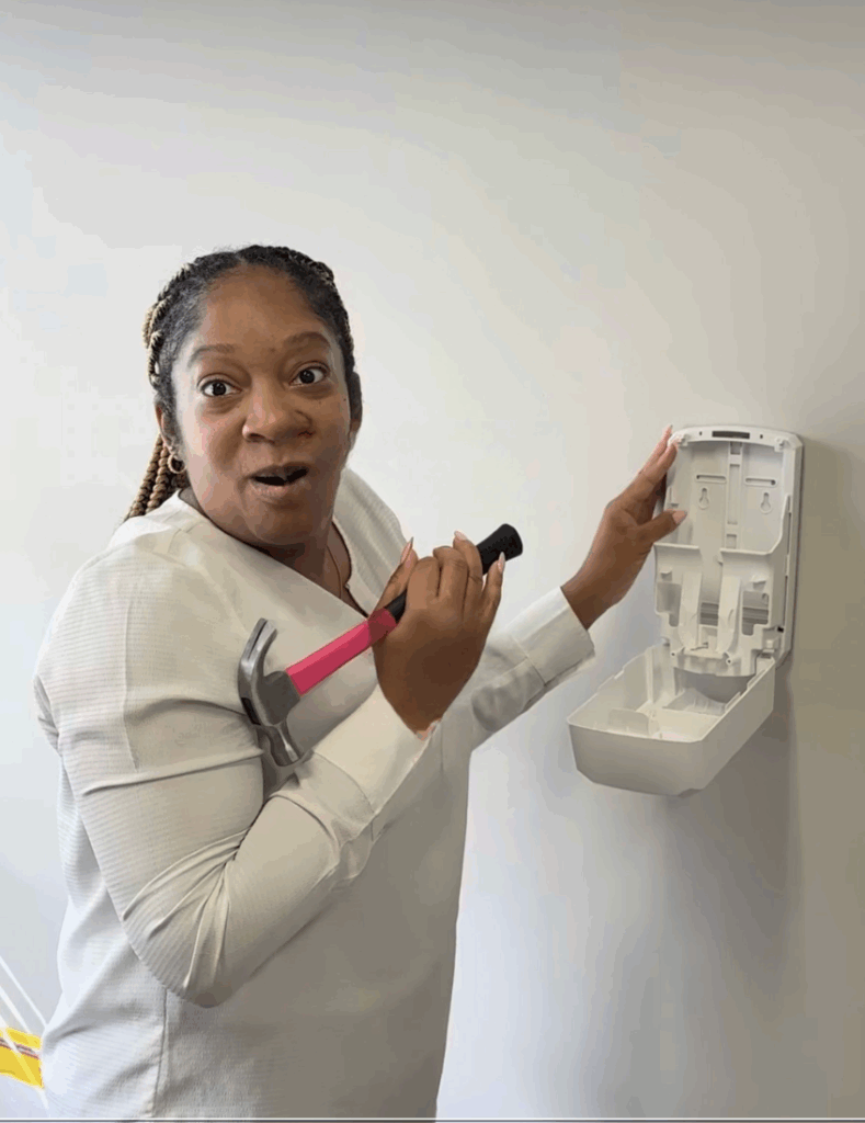 Ashley and the pink hammer.